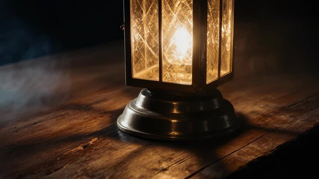 Antique lantern with glowing light on rustic wooden table, warm illumination, cozy ambiance