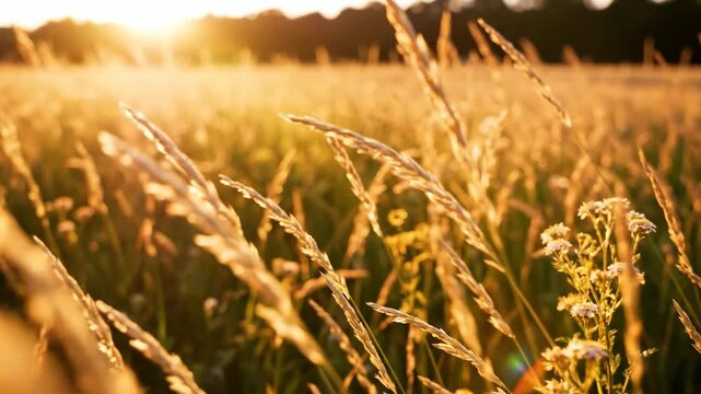 Slow motion cinematic close-up shot of golden meadow grass swaying gently in a soft breeze against a warm, sunlit summer field meadow texture, abstract nature, bokeh background