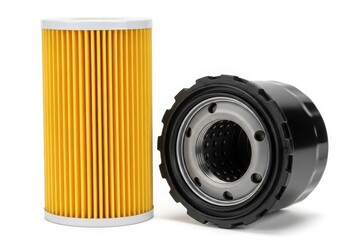 Close-up view of a cylindrical oil filter and its internal components on a white background