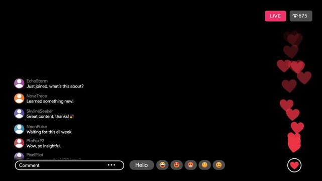 Live stream interface overlay animation in twitch or youtube. Horizontal broadcast UI with likes fountain, LIVE badge and chat comments. Content creator vlog. Webinar and online workshop overlay. 