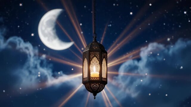 Ornate lantern hanging in the night sky with crescent moon, star-filled clouds, and radiant beams