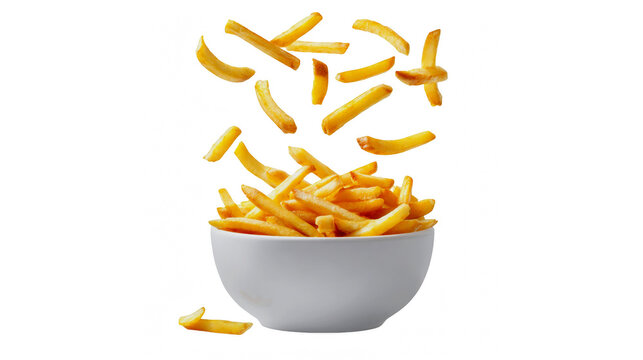 Crispy french fries falling into white bowl