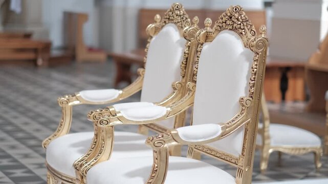 Elegant ornate chairs with gold leaf frames and white velvet upholstery standing in a cathedral interior. Static shot