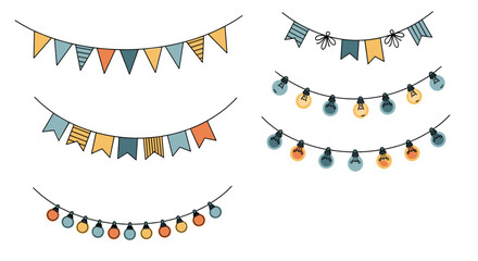Fototapeta premium Festive set of various colorful triangle buntings and string light garlands for party, holiday, or celebration decorations.