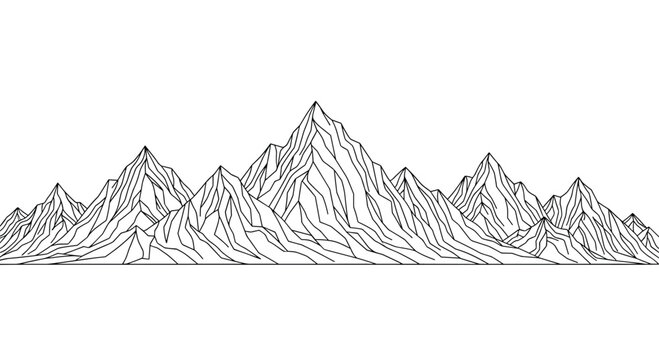 Simple and majestic mountain range with many peaks and ridges shown in a clean black and white line art panorama.