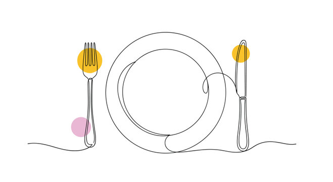 Elegant continuous single line drawing of a dinner plate flanked by a fork and knife with colorful abstract dot accents.