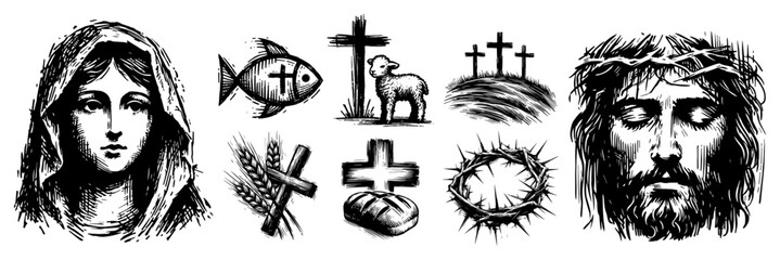 Christian Religious Icons Set with Virgin Mary Jesus Christ Holy Cross Lamb and Eucharist Symbols Vintage Engraving Style © JakubVectorSketch