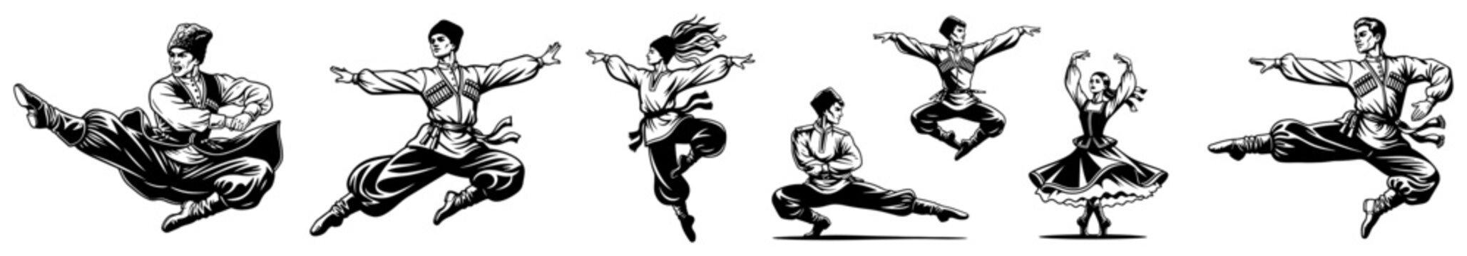 Traditional Ukrainian Folk Dancers in Cossack Costumes Performing Energetic Hopak Dance Moves Sketch