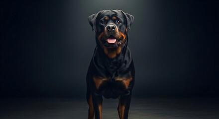 A powerful rottweiler dog with a confident stance and a black background isolated on white background