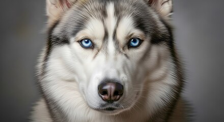 A majestic husky with striking blue eyes gazes intently into the camera isolated on white background