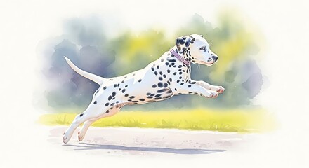 A playful dalmatian puppy running joyfully in a park on a sunny day isolated on white background