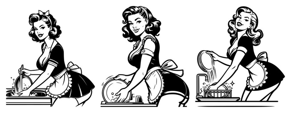 Retro Pin-up Housewives Collection Washing Dishes in Kitchen Vintage 1950s Style Sketch