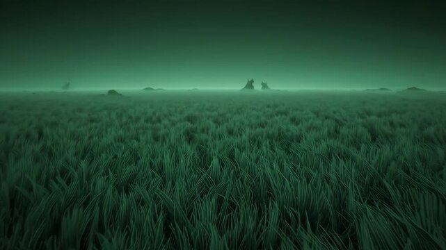 A wide landscape of a dense green meadow stretching to the horizon under a heavy, dark atmosphere. This 3D render is suitable for minimalist backgrounds or conceptual environmental art.