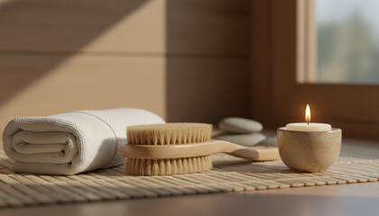 Sustainable wellness essentials for winter self care include eco friendly brush, towel, candle, and stones creating calming spa atmosphere indoors