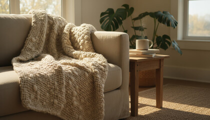 Cozy sustainable winter wellness scene with eco friendly knitted blanket on sofa and self care cup in warm natural light