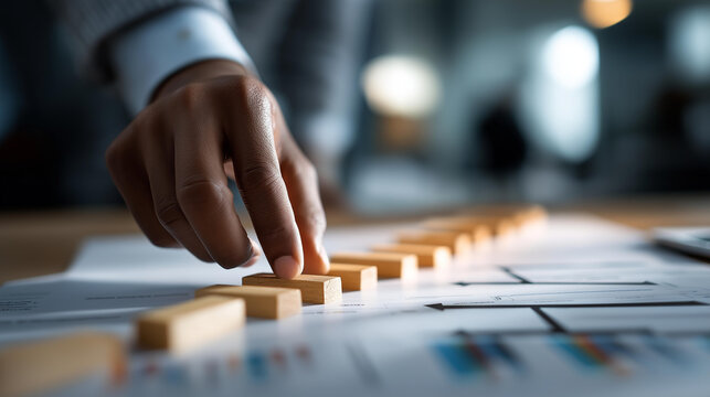 Business process management and automation concept with hand moving wooden pieces on flowchart diagram workflow productivity efficiency and organization background strategic