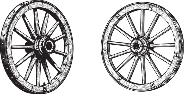 Vintage Wooden Wagon Wheel Engraving Vector. Detailed engraved illustration of a wooden wagon wheel isolated on a clean white background