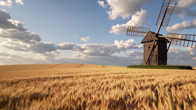 A scenic wide shot of a mature golden wheat field swaying in the wind, with a rustic wooden windmill in the background under a partly cloudy sky. This landscape is ideal for agricultural, nature, or r