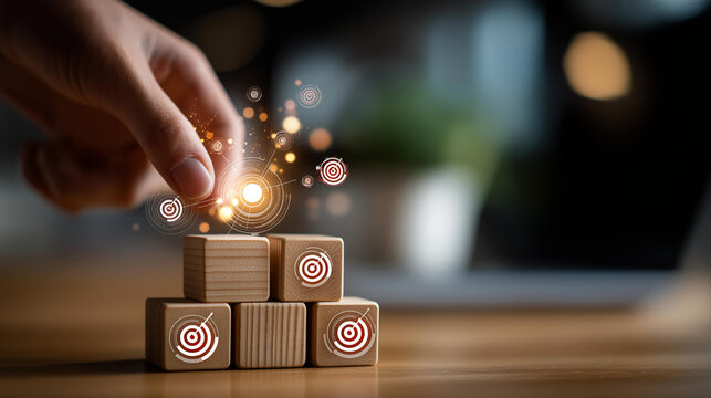Implementation concept showing wooden blocks on desk with implementation icons on virtual screen opportunity goal planning vision strategy process problem solving success