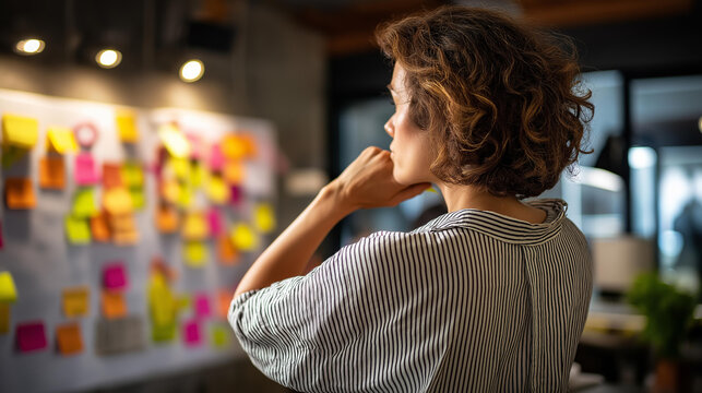 Faceless woman with curly hair standing in front of whiteboard covered by colored sticky notes creating mind map or flowchart on business planning visual thinking strategic