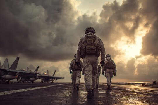 US Navy pilots walking on aircraft carrier deck, military aviation and readiness concept