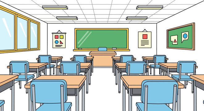 school classroom with sillustration of a classroom atmosphere, chairs and study tables are seen arranged neatlychool board