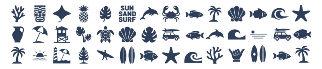 Summer beach tropical icon set with palm trees surfboard dolphin pineapple shells and ocean elements, flat vector silhouette isolated on transparent background © gerik_a
