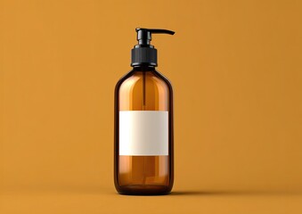 A clear brown glass bottle with a black pump dispenser and blank white label on an orange backdrop