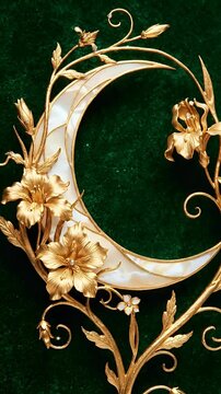 Elegant Golden Crescent Moon with Ornate Floral Embellishments on a Deep Green Background.