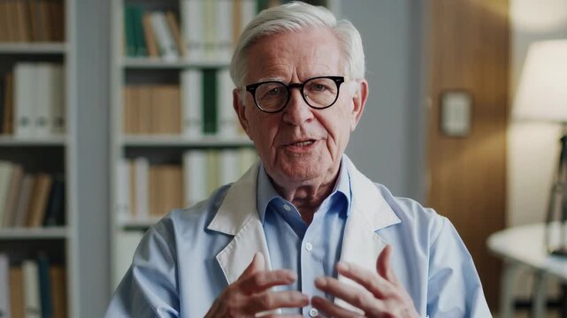 A close-up portrait of an experienced senior male physician or professor with white hair and black-rimmed glasses, gesturing with his hands while looking into the camera as if consulting a patient. Pe