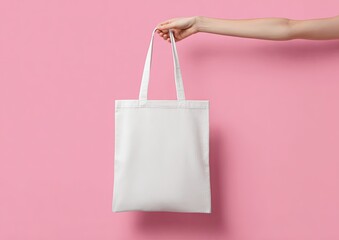 A hand holds up a blank white tote bag against a pink background