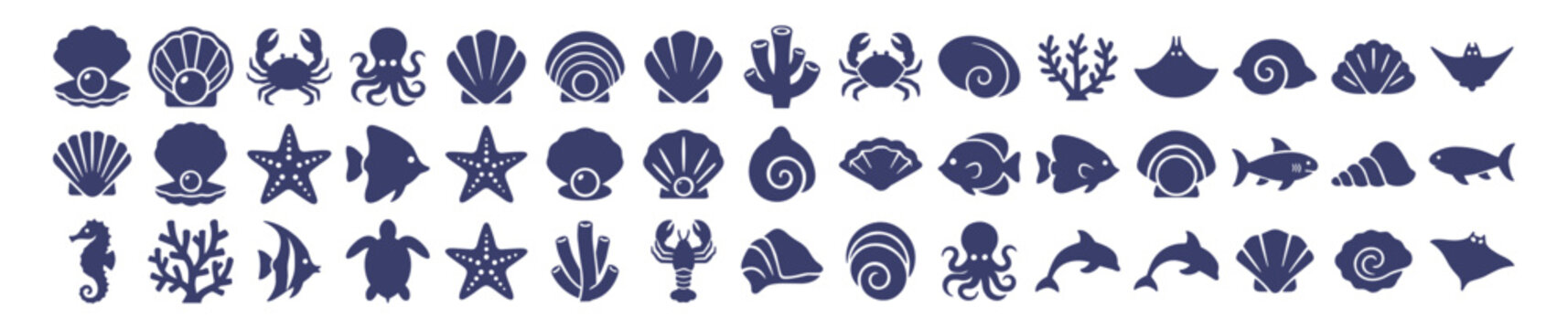 Marine ocean icon set with fish crab octopus dolphin shark shells and coral elements, blue silhouette vector collection isolated on transparent background