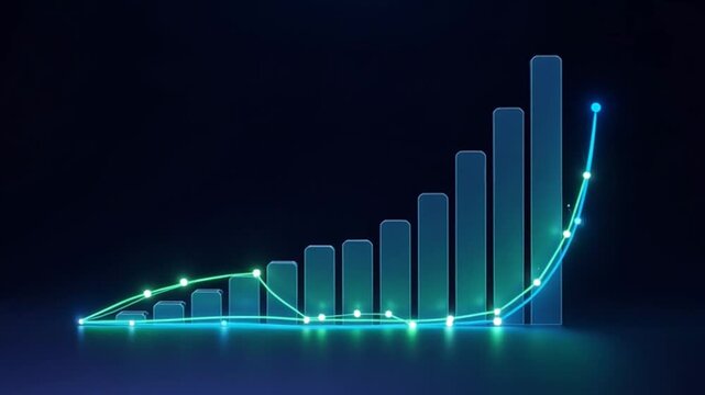 A professional business growth chart illustration featuring a financial bar graph and upward arrow on a sleek black background to symbolize market success and data investment progress