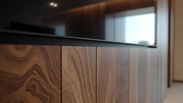 Slow motion close up dolly shot sweeping across textured wood paneling beneath a large wall display panel in a luxury minimalist space empty room, rustic materials, wood