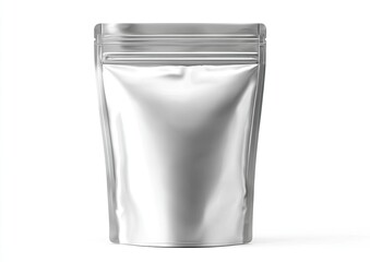 Shiny, metallic, stand-up pouch with sealed top, isolated on white background