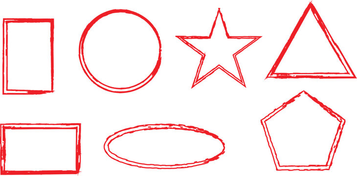 Red hand drawn shape outline set. Sketched circle, star, square, and triangle highlight elements. Vector red crayon stickers.