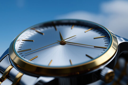 Close-up view of a watch with a silver face and gold accents