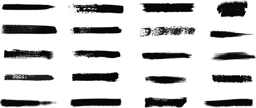 Black grunge brush stroke set. Redacted text censorship bars and rough ink line dividers. Vector texture strikethrough pack.