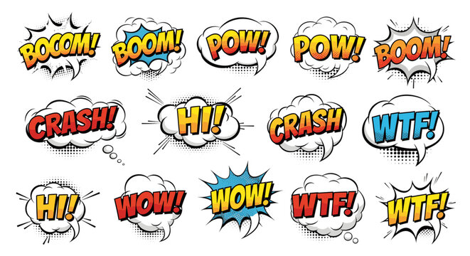 A collection of comic speech bubbles with various action words like boom, crash, and hit.