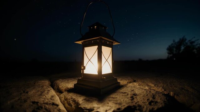 Vintage lantern casting warm glow on rocky ground at night under a starry sky