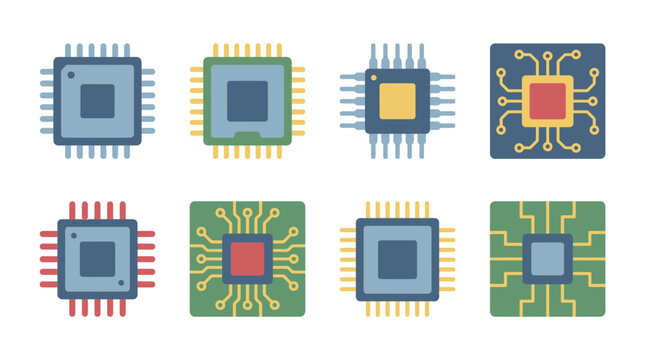 microchip , flat color vector set collection , white background , PNG and SVG
