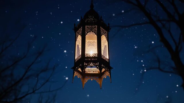 Ornate lantern with intricate patterns hangs among leafless trees under a starry night sky