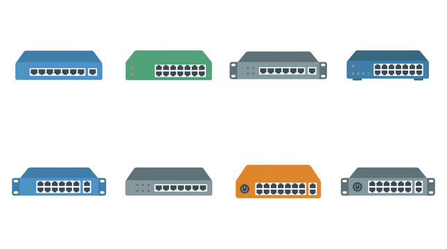 network switch , flat color vector set collection , white background , PNG and SVG