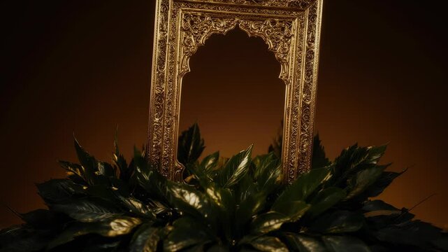 Ornate gold frame with intricate carvings, surrounded by lush dark green leaves, set against a warm, gradient background