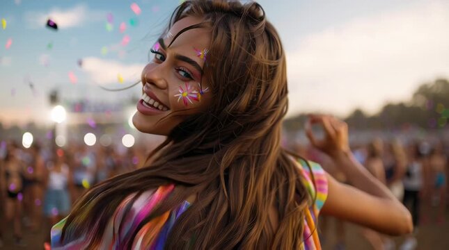 Young woman smiling at outdoor music festival with confetti and colorful face paint, joyful summer celebration and carefree lifestyle energy
