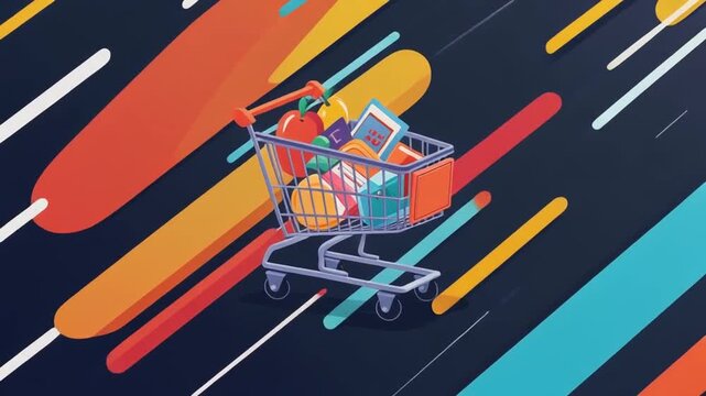 A grocery cart filled with food items speeding on a colorful road with motion lines in the background for e-commerce or retail use