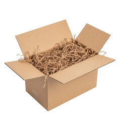 Open cardboard box filled with shredded paper isolated on transparent background
