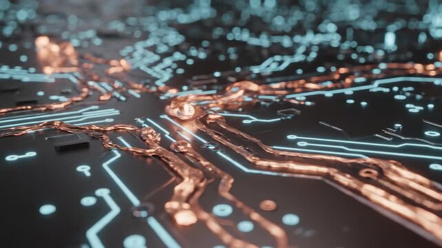 Intricate Circuit Board: A close-up shot of a complex circuit board with an abstract design and a network of interconnected pathways that creates a visual symphony of technology.