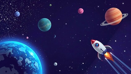 Fototapeta premium Rocket Ship Traveling Through a Colorful Galaxy with Planets