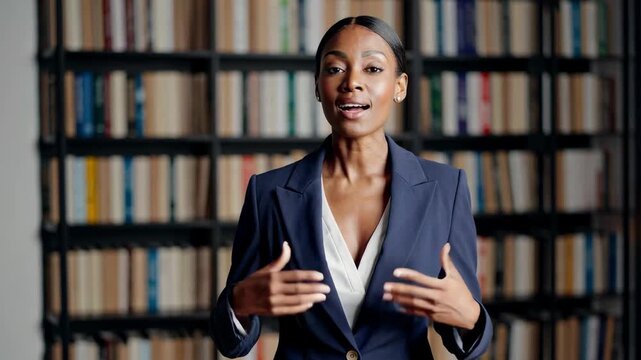 A professional woman with dark hair gathered back, gesturing with open palms during an explanation, representing abstract themes of clarity, directness, and the collaborative spirit of modern work. Th